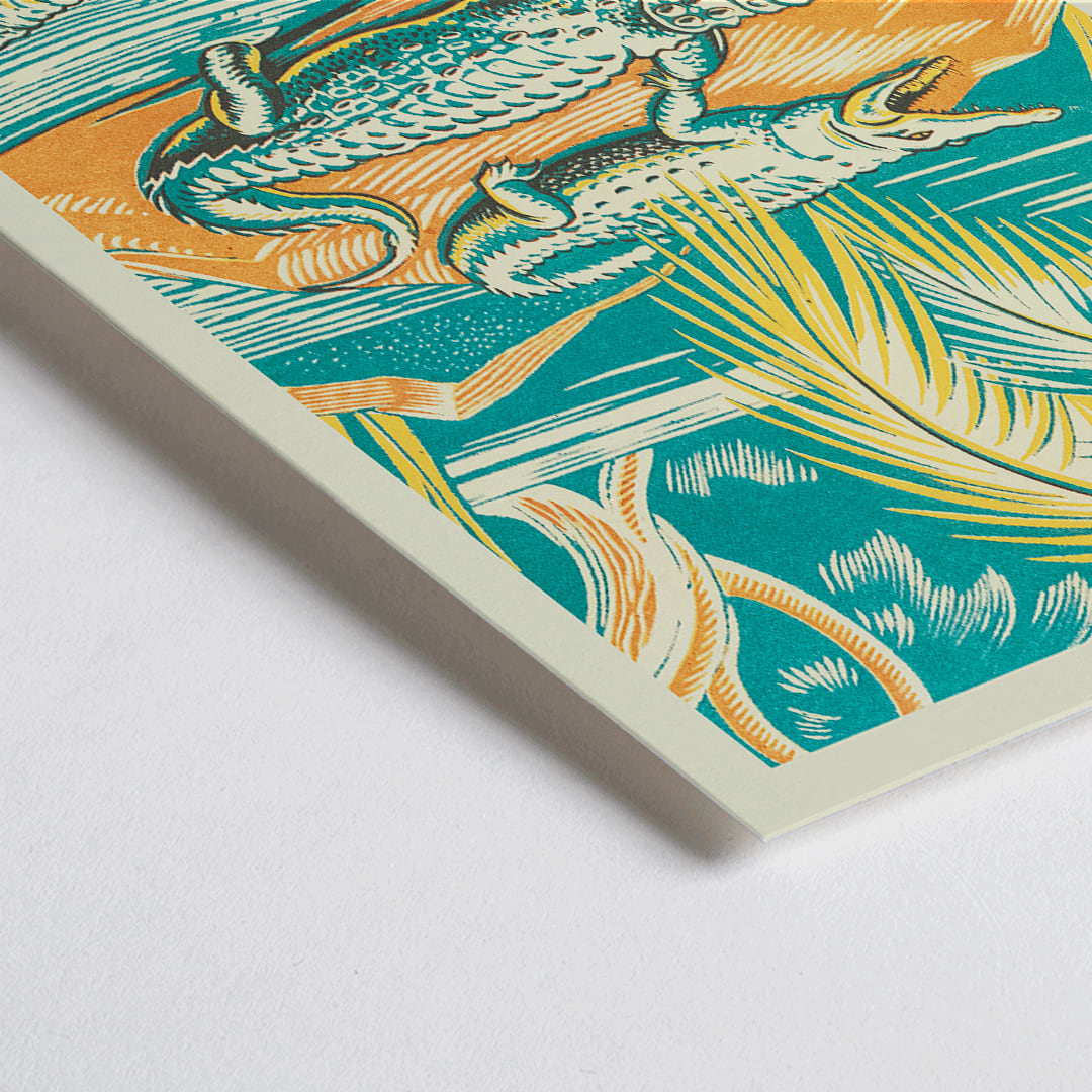 Closeup detail of A Jungle Picnic Pl.03 Crocodile by Clifford Webb vibrant jungle artwork and poster showing crocodiles resting by a river under palm trees
