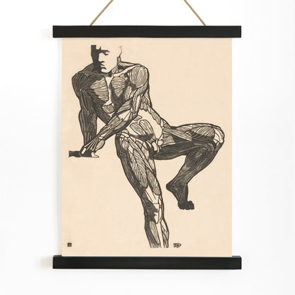 Detailed anatomical drawing of human chest muscles by Reijer Stolk showing a seated male figure poster artwork, with wooden magnetic frame on white background