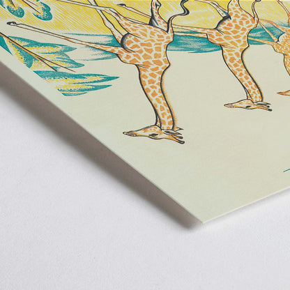 Closeup detail of Colorful jungle artwork with three giraffes by Clifford Webb titled A Jungle Picnic Pl.04 Girafe