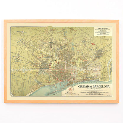 Antique map of Barcelona by D Francisco Coello and D Antonio Sans poster titled Ciudad de Barcelona with detailed city streets and surrounding areas, framed and displayed in modern living room decor