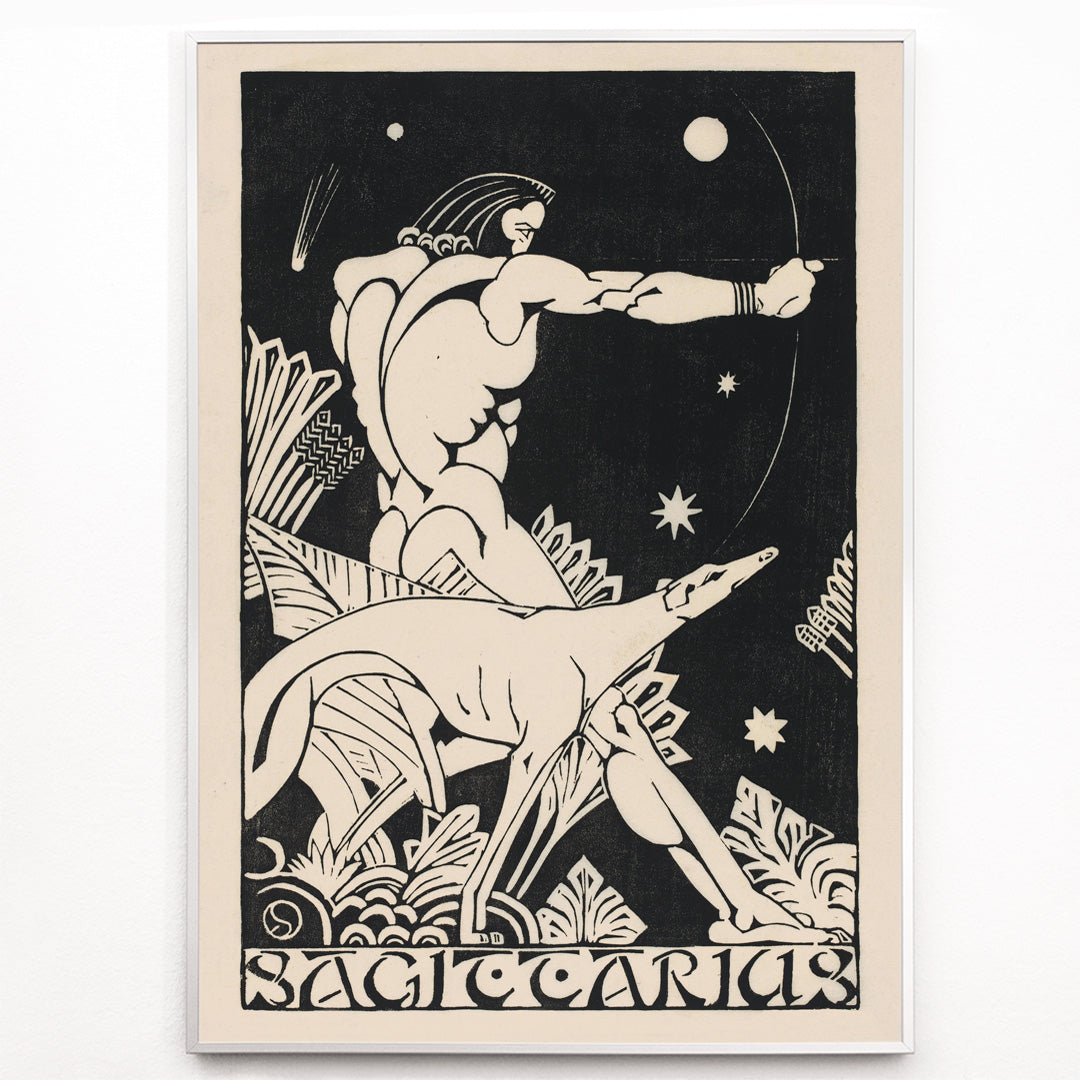 Closeup detail of Sagittarius archer centaur and dog zodiac artwork surrounded by stars by Henri van der Stok poster