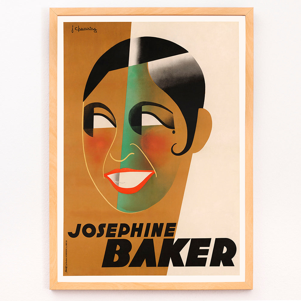 Closeup detail of Art Deco poster of Josephine Baker by J Chassaing featuring bold geometric shapes and modern colorful style