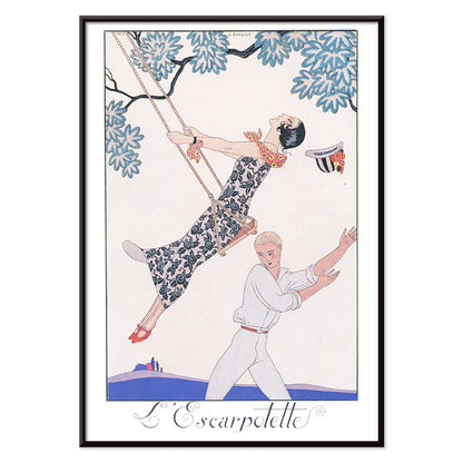Art Deco poster of a woman on a swing with a man beneath under a tree from LEscarpotette by George Barbier, with black aluminium frame on white background