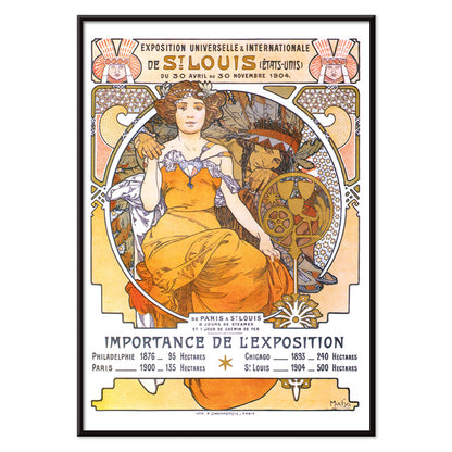 Art Nouveau poster of a woman in a flowing yellow dress with floral motifs Exposition de Saint Louis by Alphonse Mucha, with black aluminium frame on white background