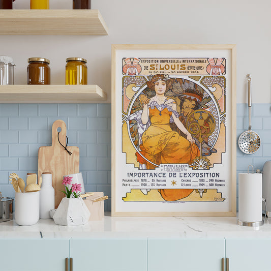 Art Nouveau poster of a woman in a flowing yellow dress with floral motifs Exposition de Saint Louis by Alphonse Mucha, framed and displayed in home decor