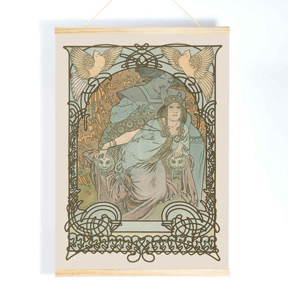 Alphonse Mucha Ilsee Princesse de Tripoli poster with elegant woman in flowing robes ornate floral lines and soft pastel tones, with wooden magnetic frame on white background