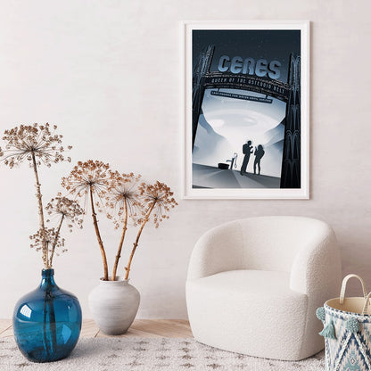 Space travel art illustration of Ceres Queen of the Asteroid Belt by NASA featuring two people at a water pump under a starry sky, framed and displayed in home decor