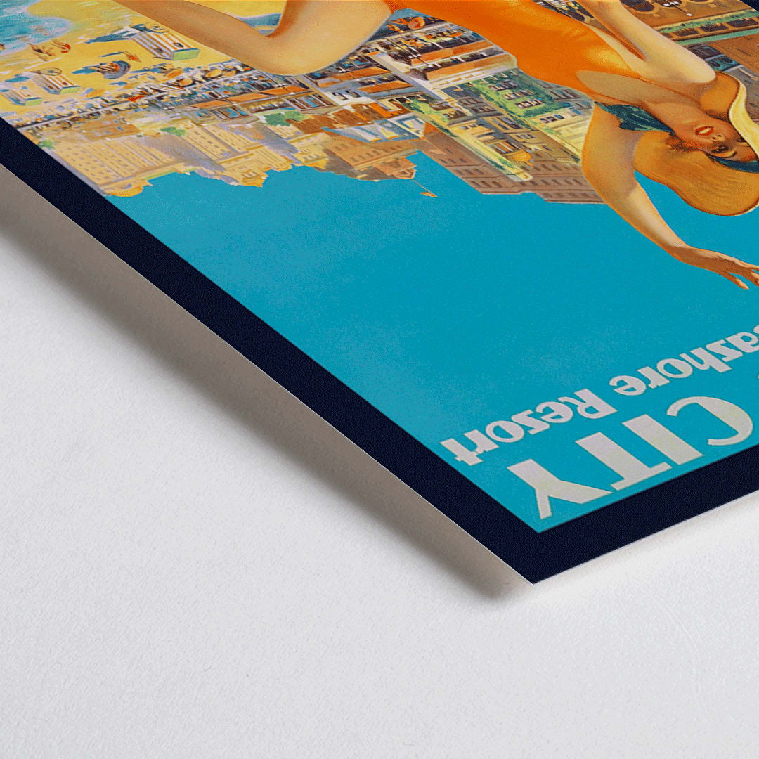 Closeup detail of Atlantic City beach scene and Pennsylvania Railroad poster by Edward M Eggleston featuring woman in orange swimsuit at beach resort