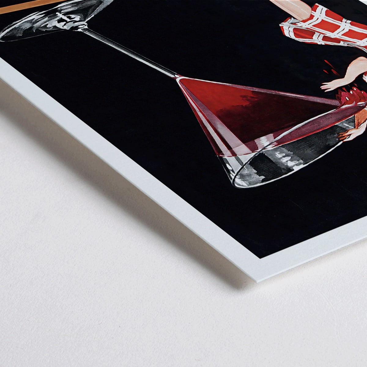 Closeup detail of Balsam Aperitif poster by Jean d Ylen showing a woman sipping from a giant red cocktail glass vibrant vintage art