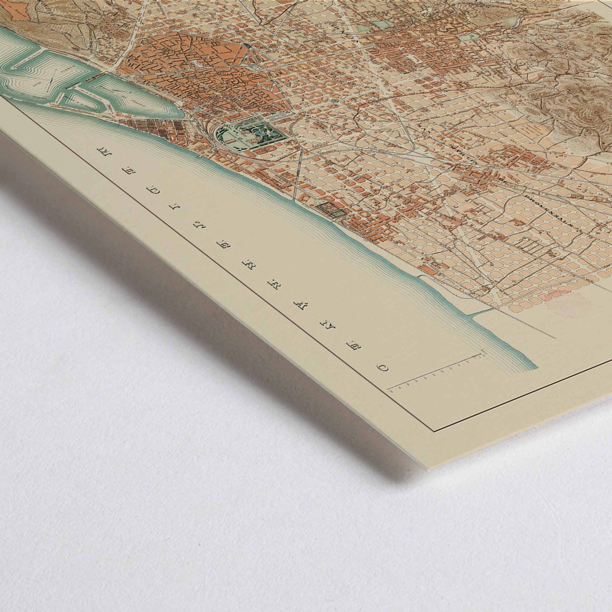 Closeup detail of Anonymous Plan of Barcelona and surroundings vintage poster, sepia city map with coastal lines and pastel districts