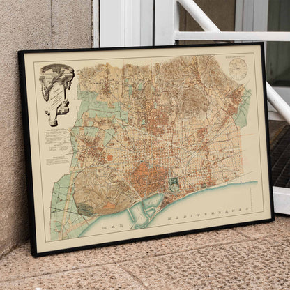 Anonymous Plan of Barcelona and surroundings vintage poster, sepia city map with coastal lines and pastel districts, framed and displayed in modern living room decor