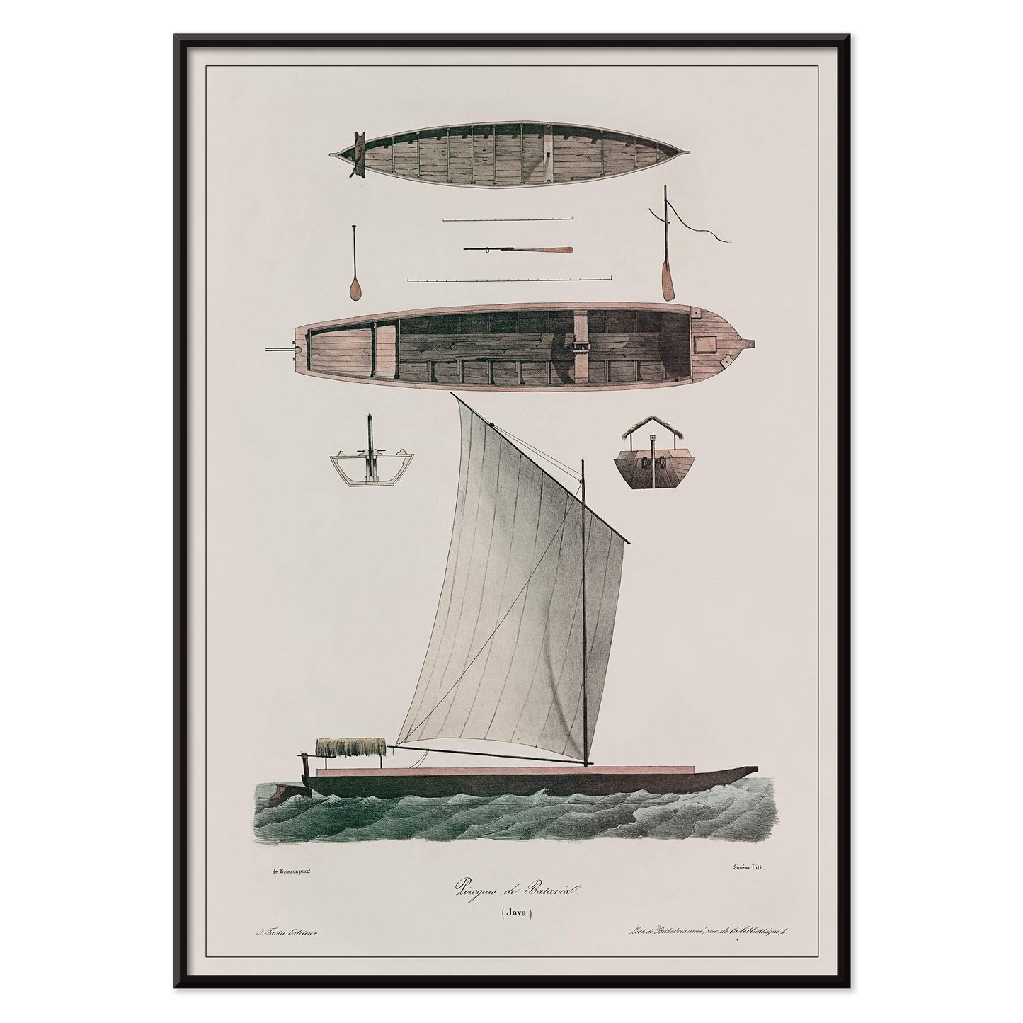 Pirogues of Batavia poster by J. Tastu featuring historic Java boats and a sailing pirogue in muted green beige tones, with black aluminium frame on white background