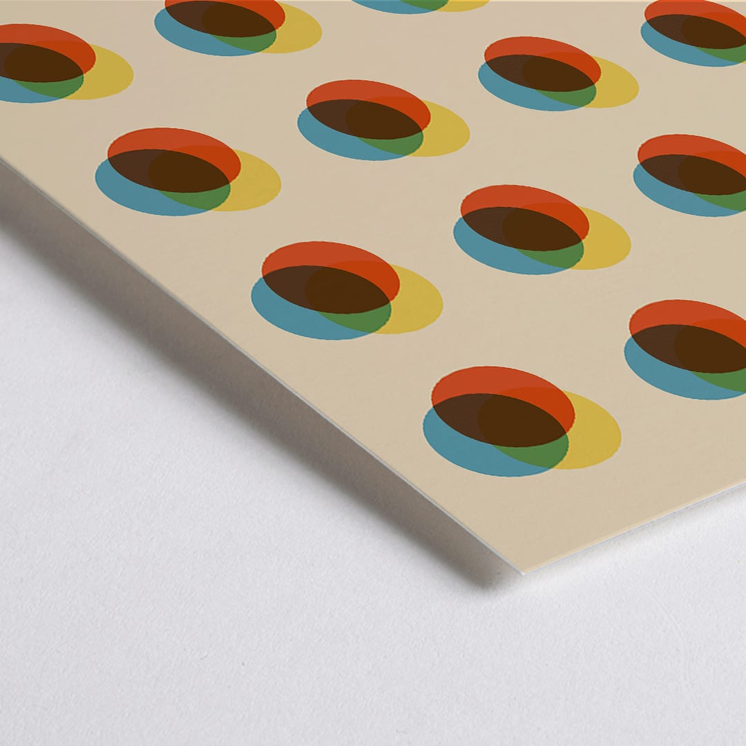 Closeup detail of Bauhaus Poster 8 Inspired by the Weimar Exhibition with abstract colorful overlapping circles in a geometric grid pattern