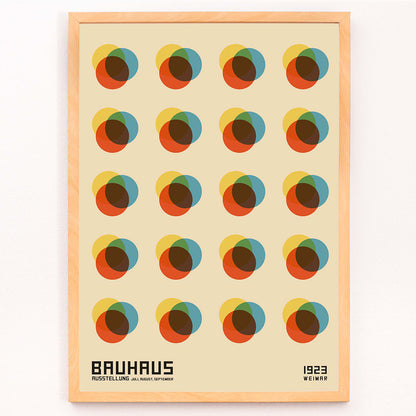 Bauhaus Poster 8 Inspired by the Weimar Exhibition with abstract colorful overlapping circles in a geometric grid pattern, framed and displayed in modern living room decor