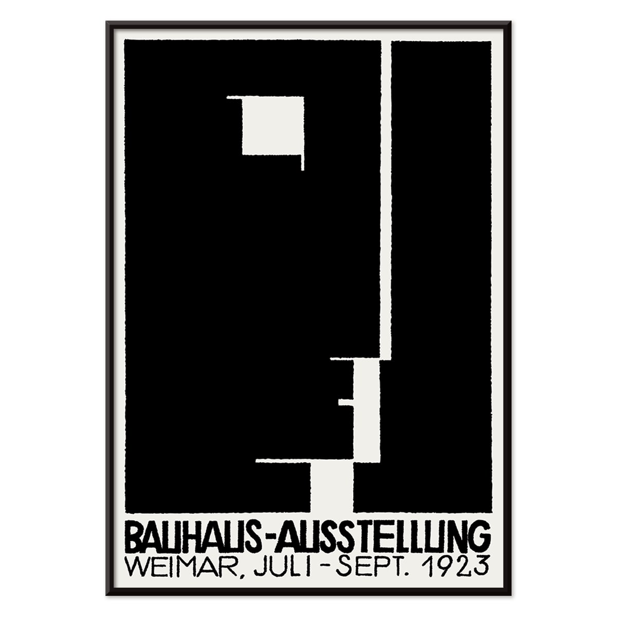 Black and white geometric abstract Bauhaus artwork by Joost Schmidt and László Moholy-Nagy featuring poster design with abstract shapes, with black aluminium frame on white background