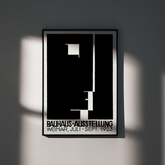 Black and white geometric abstract Bauhaus artwork by Joost Schmidt and László Moholy-Nagy featuring poster design with abstract shapes, framed and displayed in home decor