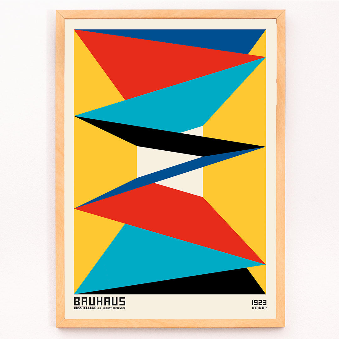 Geometric abstract Bauhaus poster 16 featuring vibrant geometric shapes in red blue black and yellow arranged symmetrically framed artwork, framed and displayed in modern living room decor