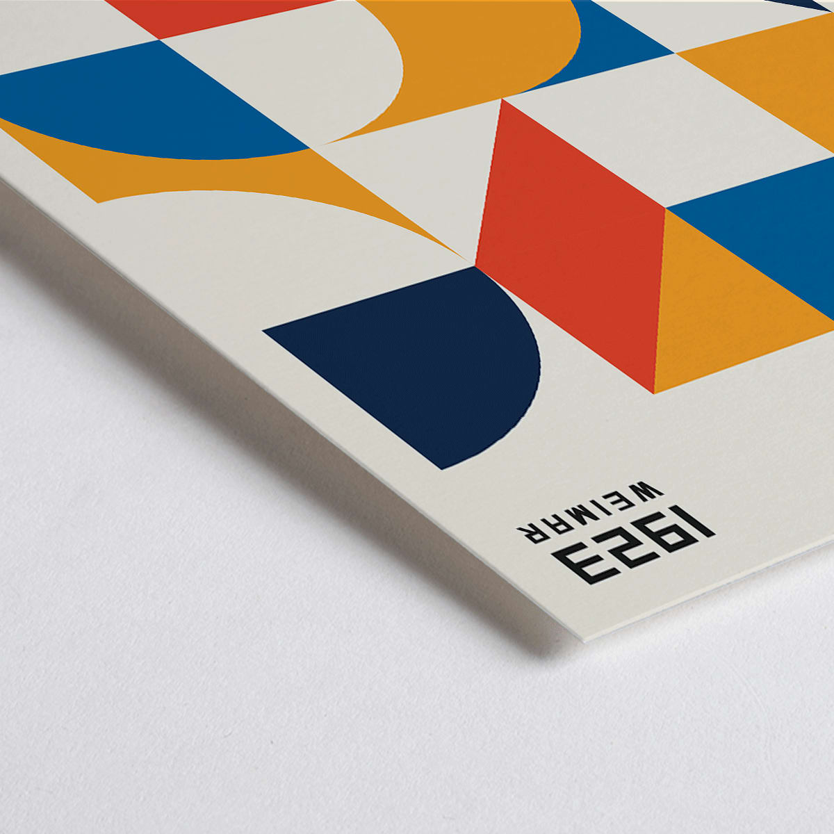 Closeup detail of Bauhaus Poster 19 with bold colors geometric shapes squares and circles modern wall art