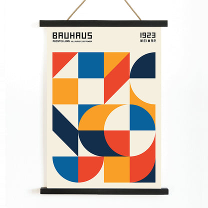 Bauhaus Poster 19 with bold colors geometric shapes squares and circles modern wall art, with wooden magnetic frame on white background