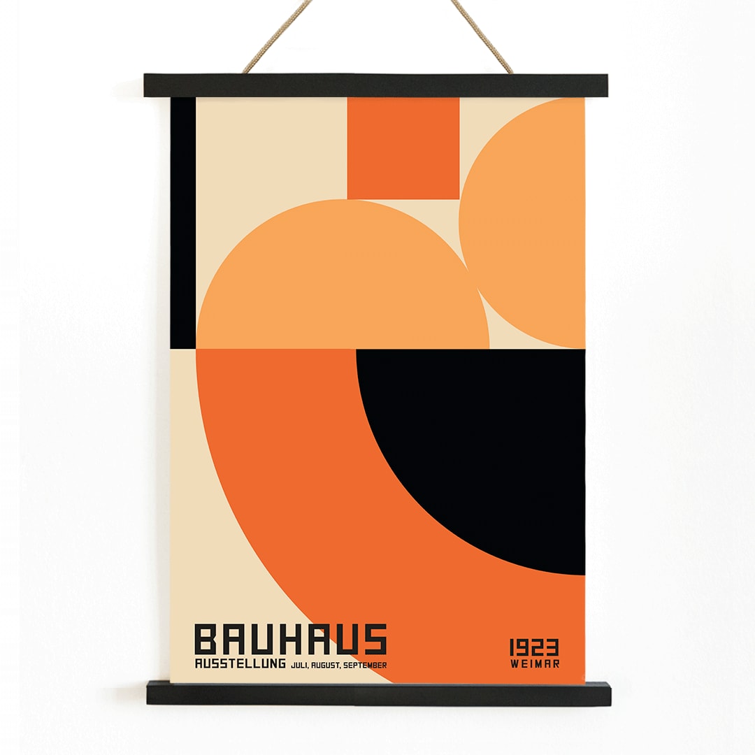 Bauhaus Poster 4 inspired by the Weimar Exhibition featuring abstract geometric shapes in orange and black by unknown artist, with wooden magnetic frame on white background
