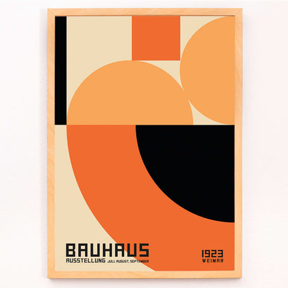 Bauhaus Poster 4 inspired by the Weimar Exhibition featuring abstract geometric shapes in orange and black by unknown artist, framed and displayed in modern living room decor