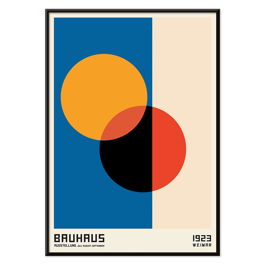 Bauhaus Poster 17 abstract geometric design with intersecting circles in orange red black on blue and beige background by Bauhaus artist framed with text at the bottom, with black aluminium frame on white background