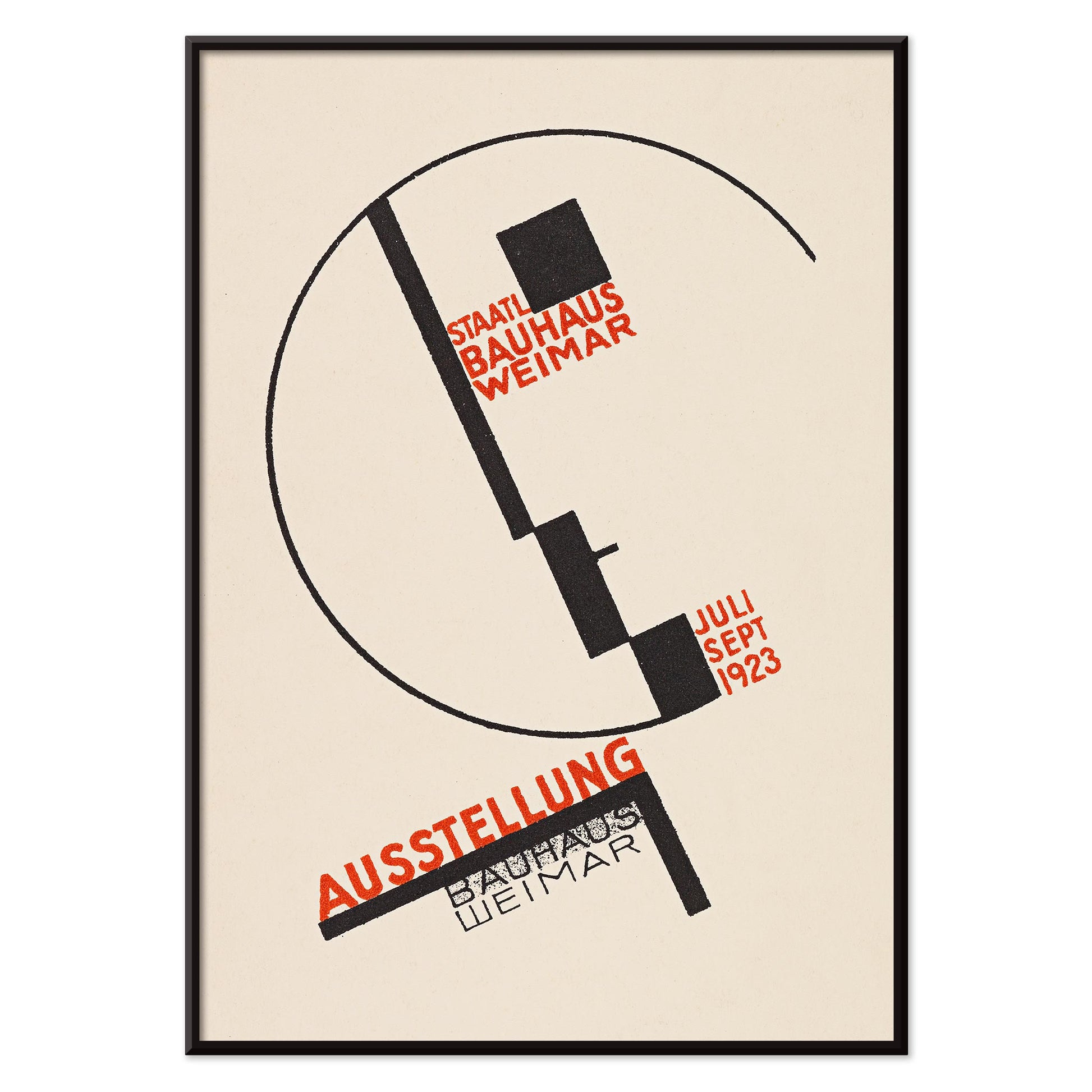 Dörte Helm Bauhaus Weimar exhibition poster with bold black geometry and red typography on warm beige background, with black aluminium frame on white background
