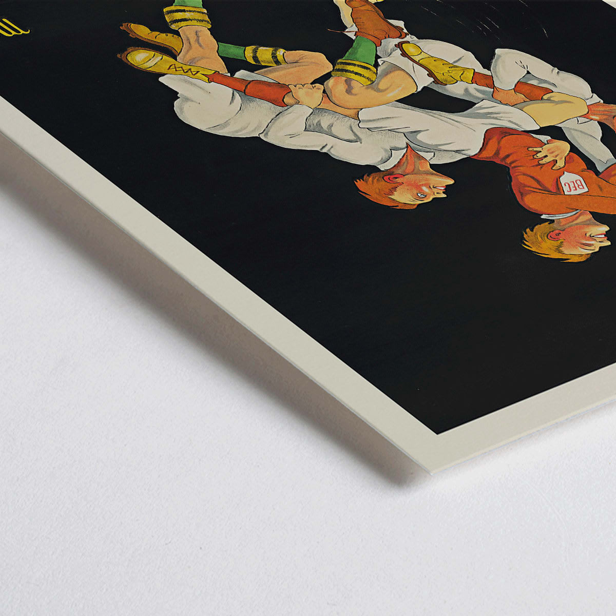 Closeup detail of Bec-Kina poster by Michel Liebeaux showing athletes reaching for a bottle in vibrant dynamic sports-themed artwork