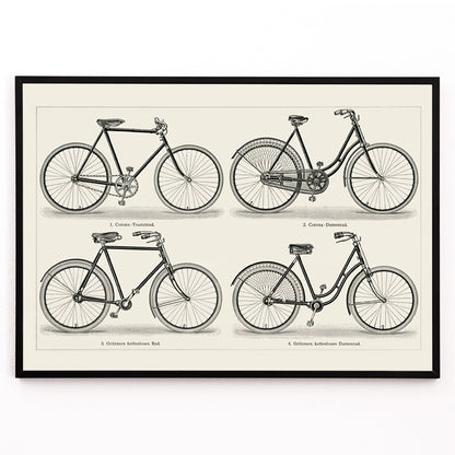 Closeup detail of Vintage bicycles black and white lithograph from Meyers Konversations Lexikon showing various types poster