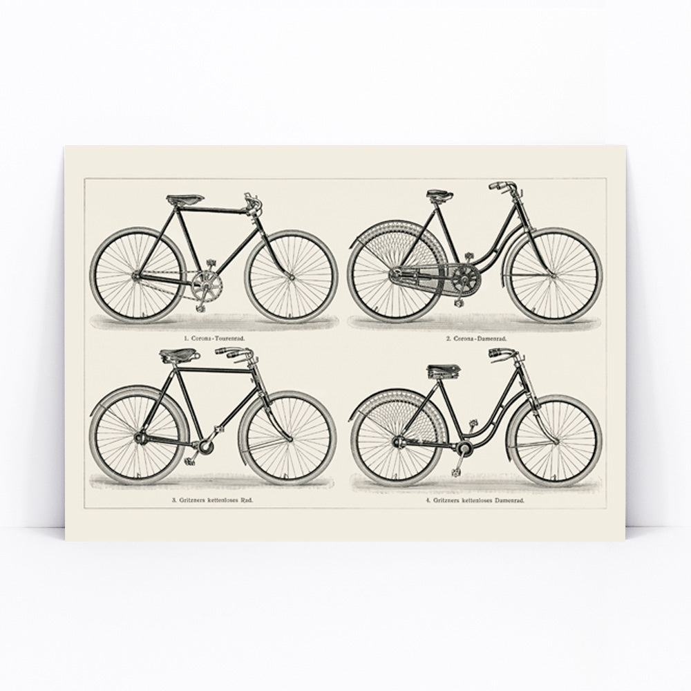 Vintage bicycles black and white lithograph from Meyers Konversations Lexikon showing various types poster, framed and displayed in modern living room decor