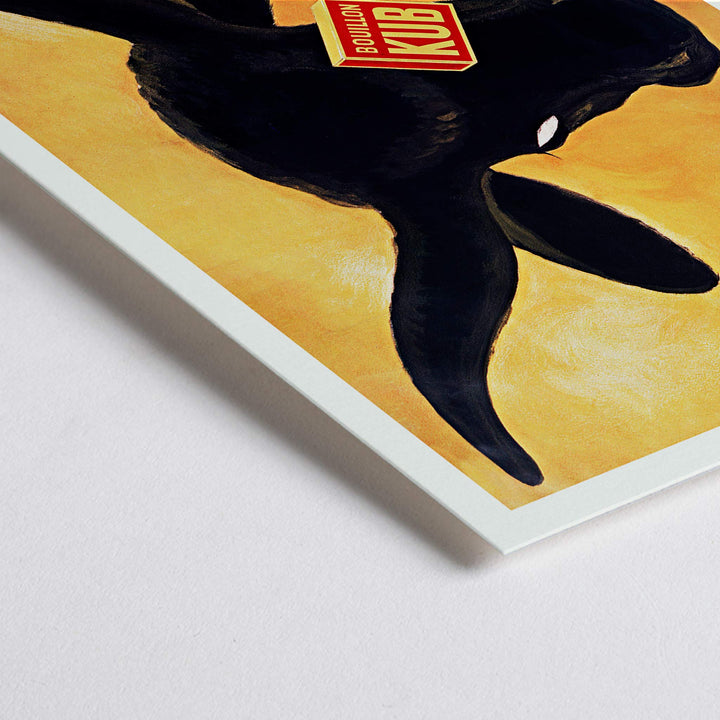 Closeup detail of Leonetto Cappiello Bouillon Kub poster featuring a bold black bull on vivid orange background with red label