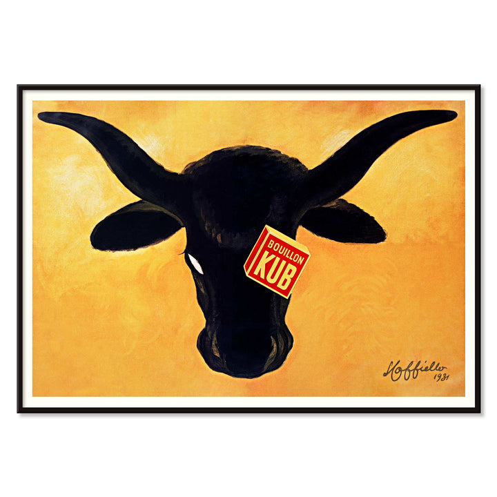 Leonetto Cappiello Bouillon Kub poster featuring a bold black bull on vivid orange background with red label, with black aluminium frame on white background