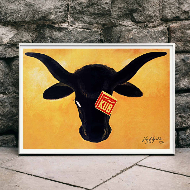 Leonetto Cappiello Bouillon Kub poster featuring a bold black bull on vivid orange background with red label, framed and displayed in home decor