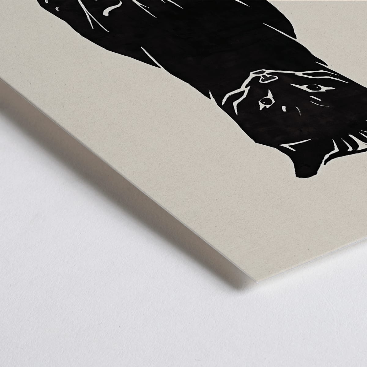 Closeup detail of Black Cat artwork by unknown artist and Anonymous featuring a stylized minimalist black cat on beige background with red stamp detail