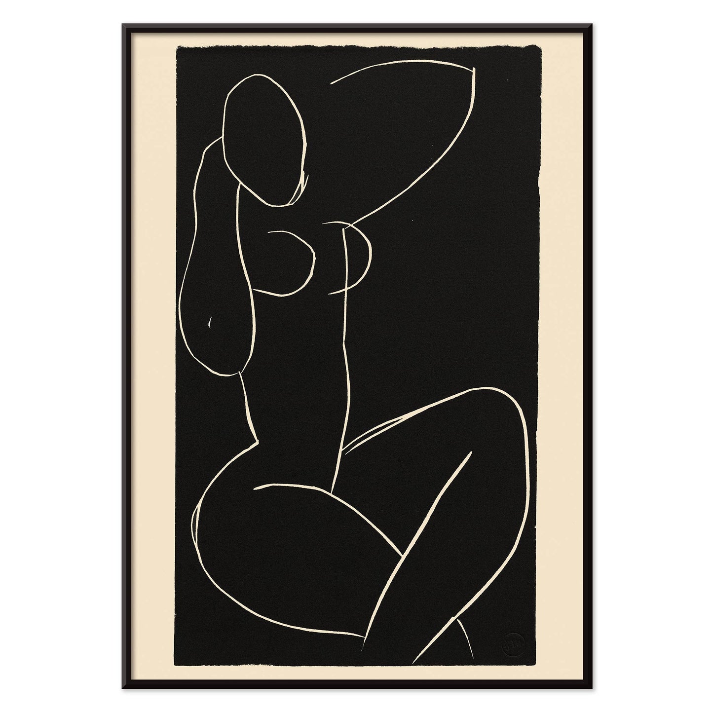 Henri Matisse Seated Nude with Crossed Legs I poster minimalist black and white nude line drawing on dark background, with black aluminium frame on white background