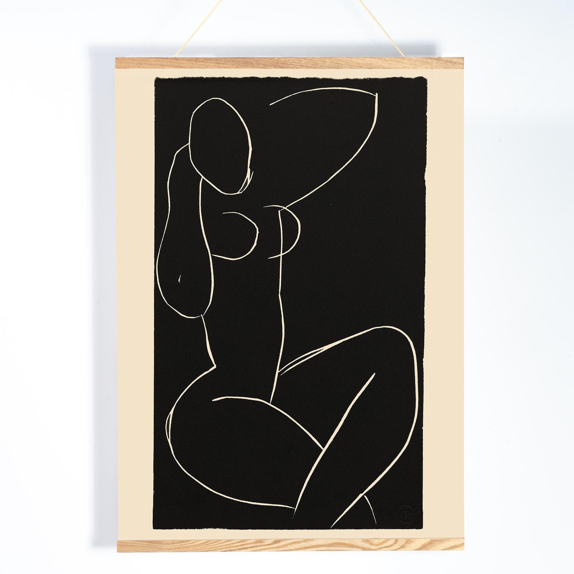 Henri Matisse Seated Nude with Crossed Legs I poster minimalist black and white nude line drawing on dark background, with wooden magnetic frame on white background