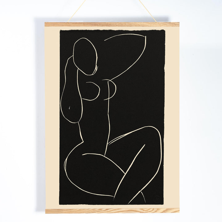 Henri Matisse Seated Nude with Crossed Legs I poster minimalist black and white nude line drawing on dark background, with wooden magnetic frame on white background