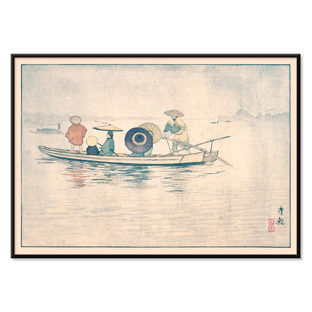 People in traditional Japanese clothing on a boat in the rain near Okawa River Bridge in Spring Rain by Kobayashi Kiyochika Japanese art poster, with black aluminium frame on white background