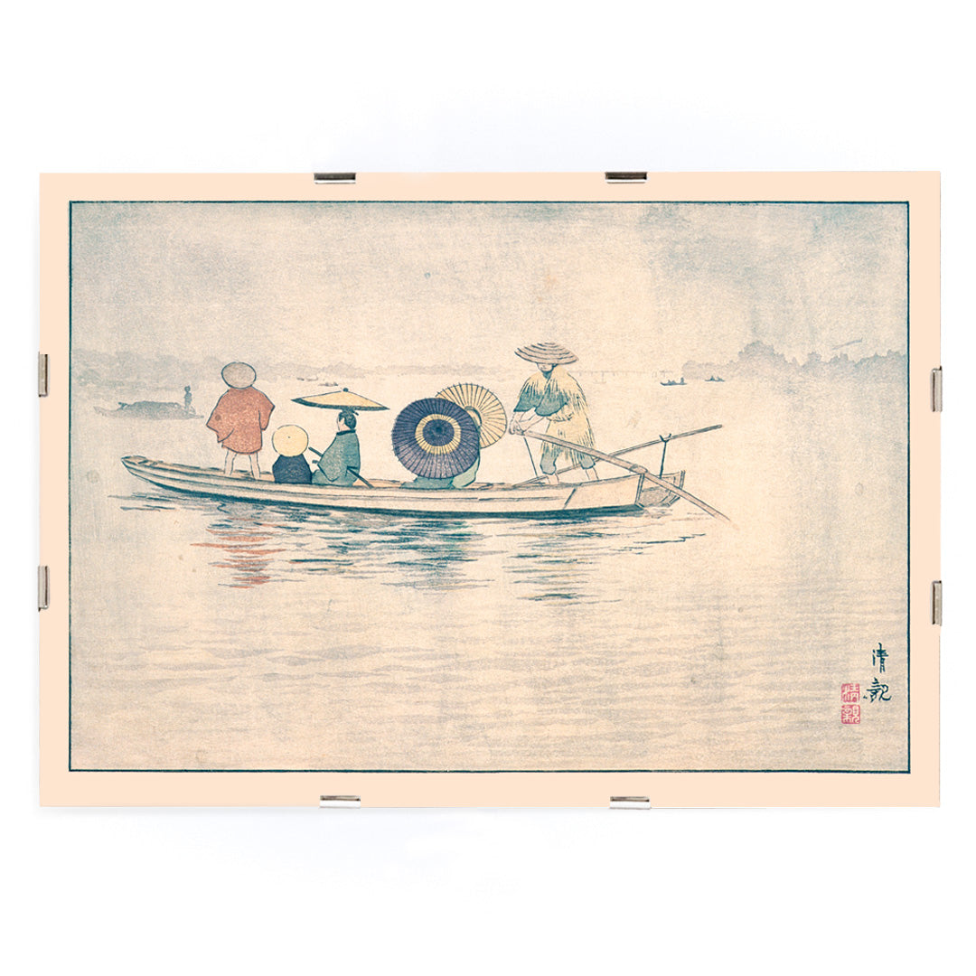 People in traditional Japanese clothing on a boat in the rain near Okawa River Bridge in Spring Rain by Kobayashi Kiyochika Japanese art poster, framed and displayed in modern living room decor
