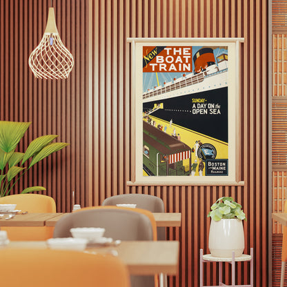 Vintage travel poster by Charles W Holmes showing people boarding a ship from a train platform for a day at sea titled New The boat train, framed and displayed in home decor