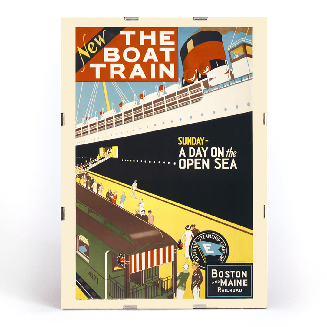 Vintage travel poster by Charles W Holmes showing people boarding a ship from a train platform for a day at sea titled New The boat train, framed and displayed in modern living room decor