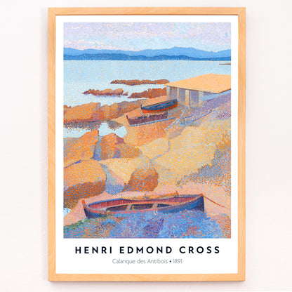 Closeup detail of Colorful boats on rocky coastline with sea and mountains Calanque des Antibois painting by Henri Edmond Cross