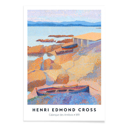 Colorful boats on rocky coastline with sea and mountains Calanque des Antibois painting by Henri Edmond Cross, with black aluminium frame on white background
