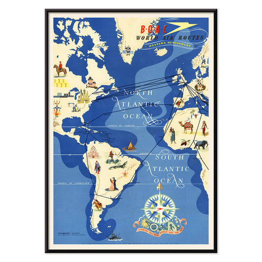 Colorful map and poster of BOAC British Overseas Airways world air routes over the Atlantic Ocean by Seymour EO, with black aluminium frame on white background