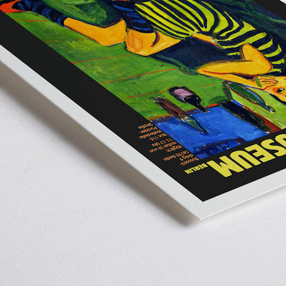 Closeup detail of Brucke museum exhibition poster of Female Artist by Ernst Ludwig Kirchner showing a colorful expressionist scene