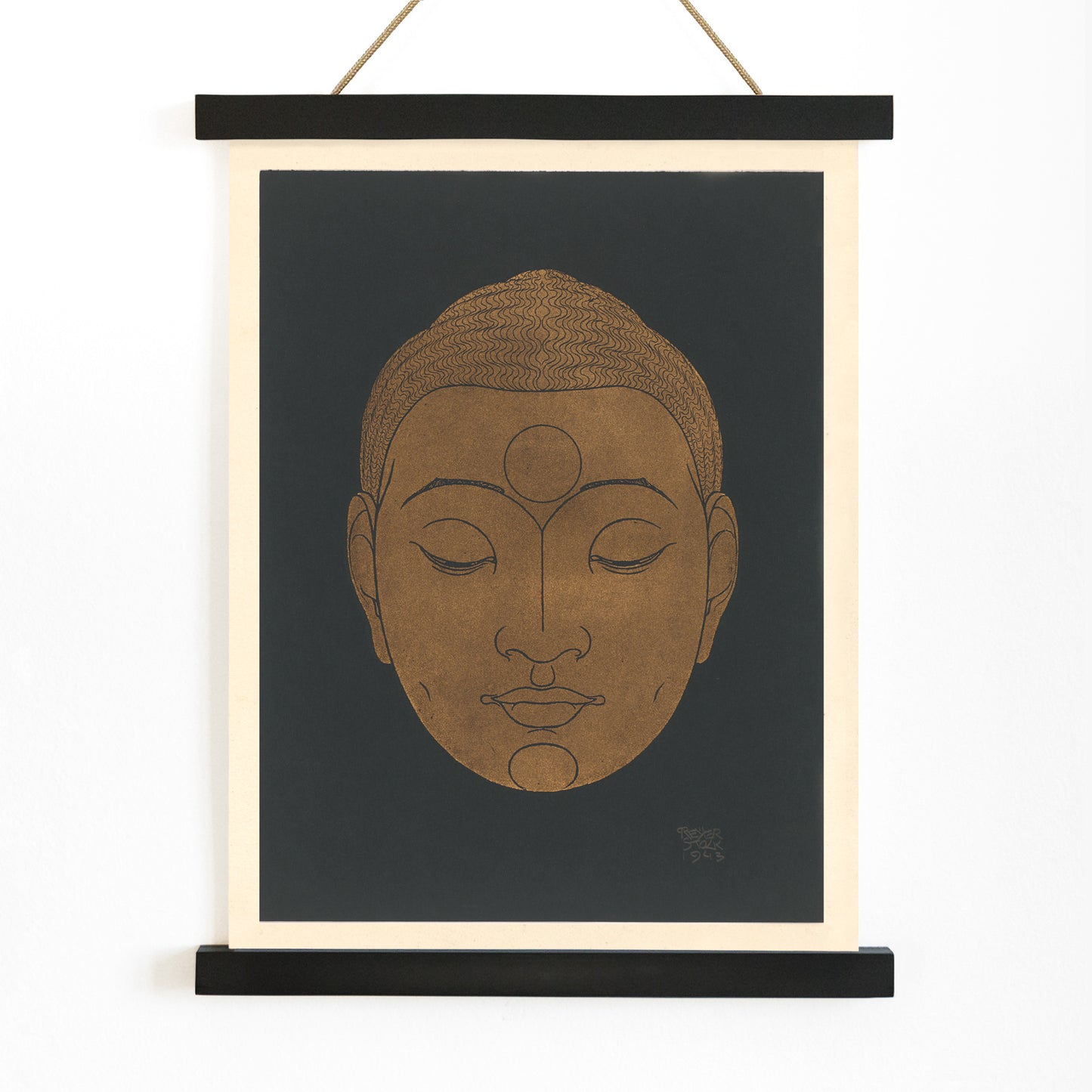 Minimalist golden Buddha head illustration artwork by Reijer Stolk on dark background poster titled Head of Buddha, with wooden magnetic frame on white background