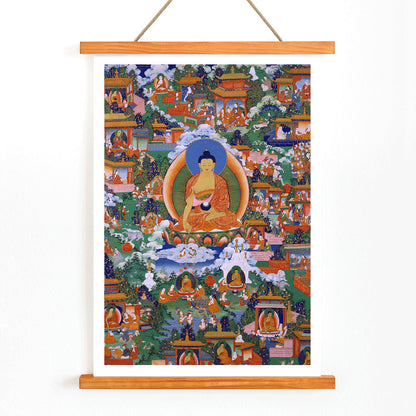 Shakyamuni Buddha in Avadana Legend Scenes painting and poster depicting life events teachings and surrounded by various figures in a vibrant detailed illustration, with wooden magnetic frame on white background