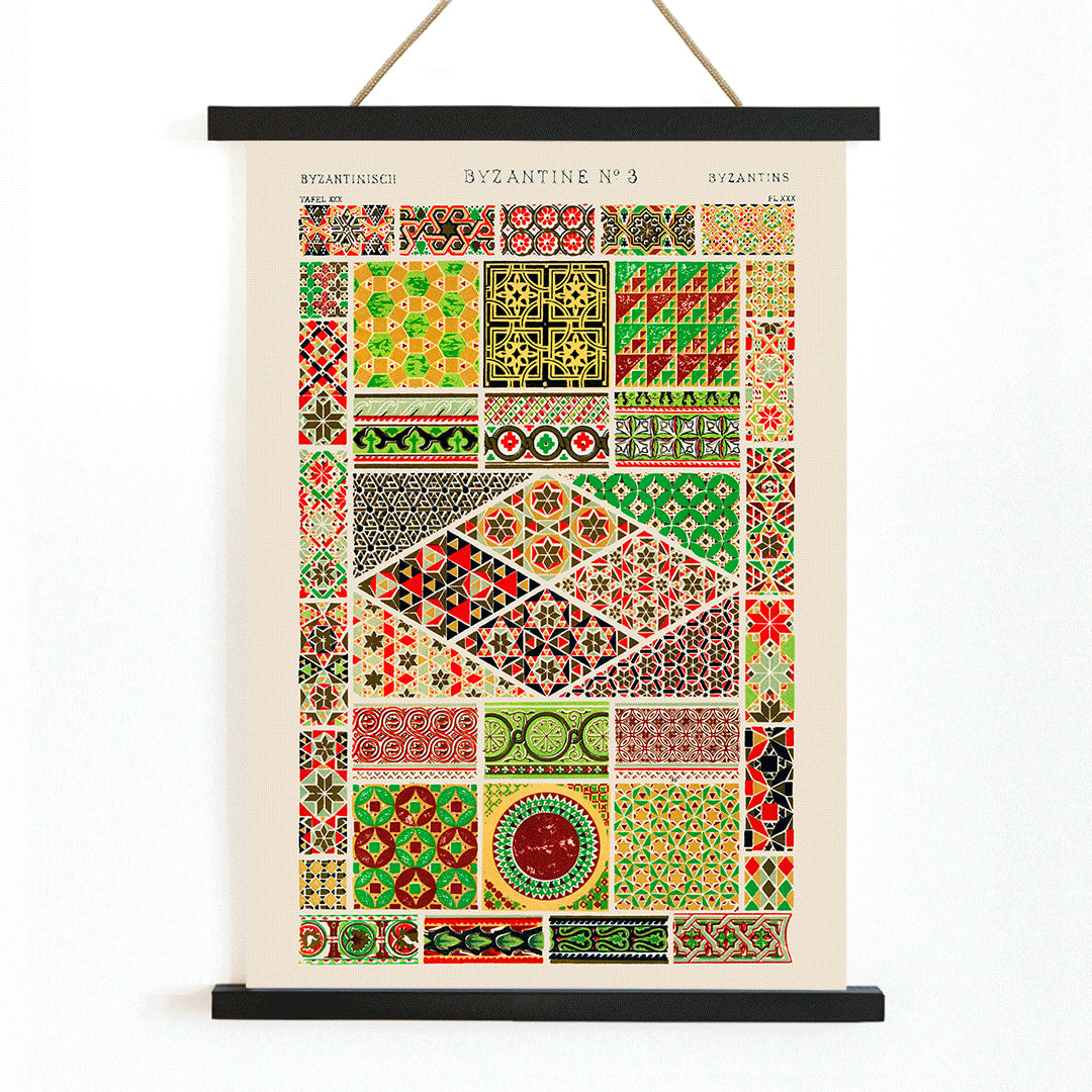 Byzantine 3 vintage pattern by Owen Jones from Grammar of Ornament book featuring colorful intricate geometric designs, with wooden magnetic frame on white background