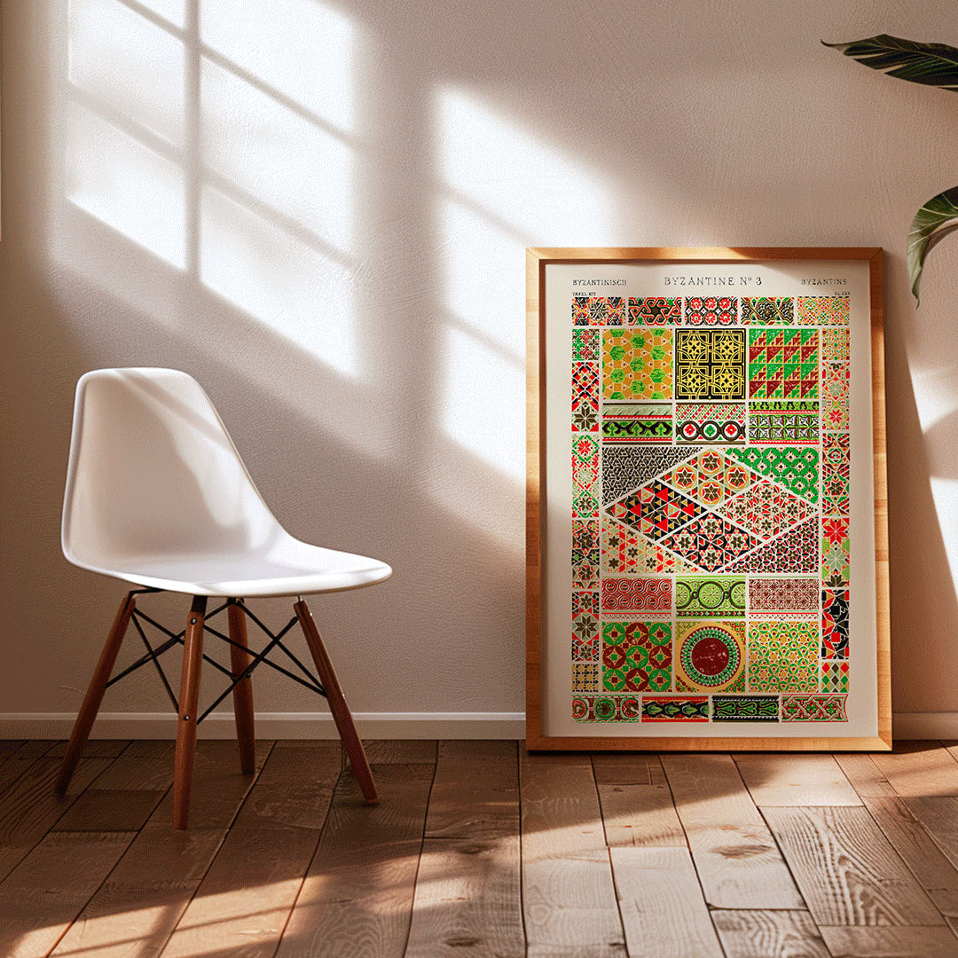 Byzantine 3 vintage pattern by Owen Jones from Grammar of Ornament book featuring colorful intricate geometric designs, framed and displayed in home decor