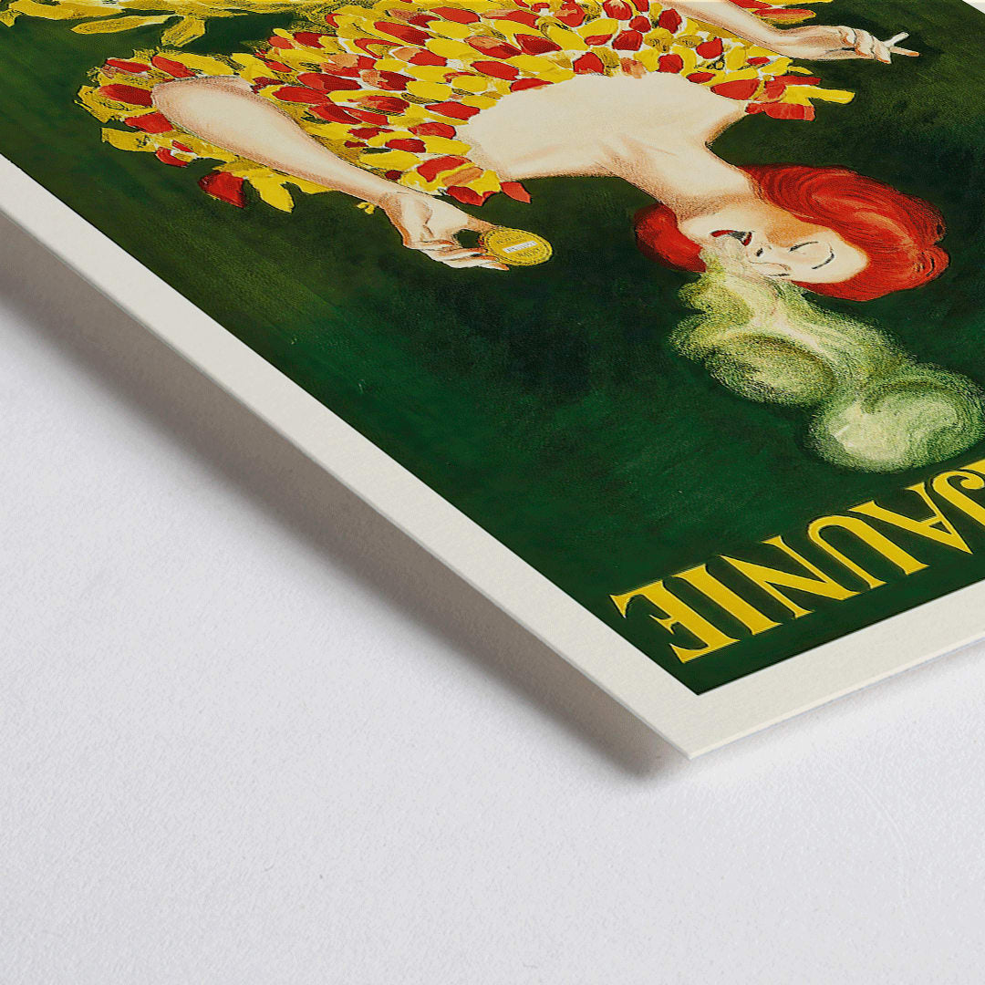 Closeup detail of Colorful poster Cachou Lajaunie by Leonetto Cappiello featuring a woman in a vibrant dress with smoke forming a face and holding a cigarette